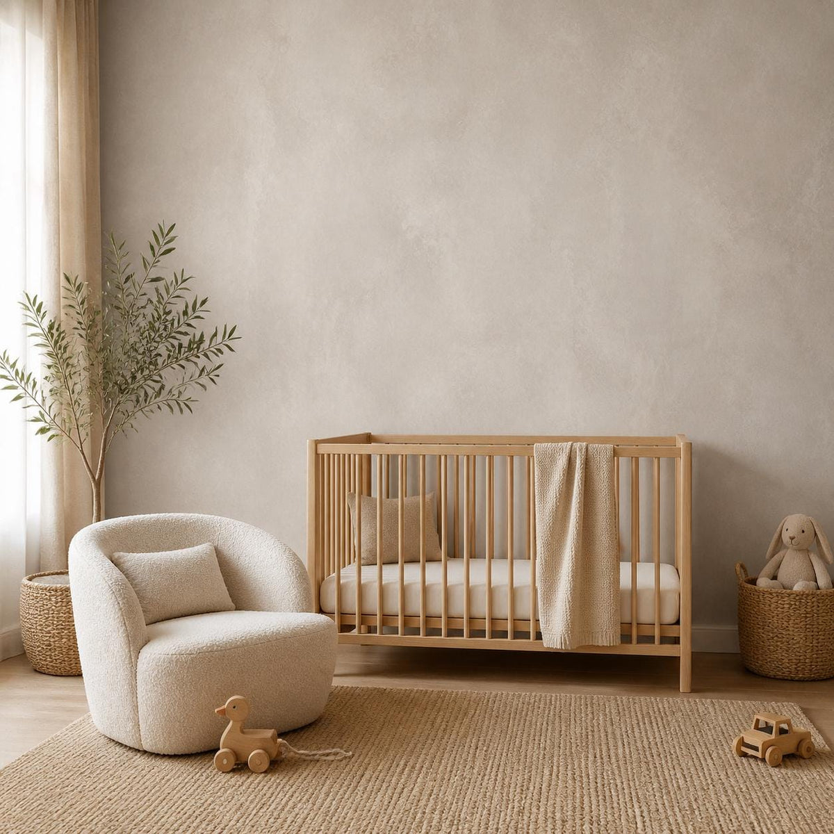 Peel and stick limewash wallpaper in warm greige tones bringing quiet luxury to any accent wall
