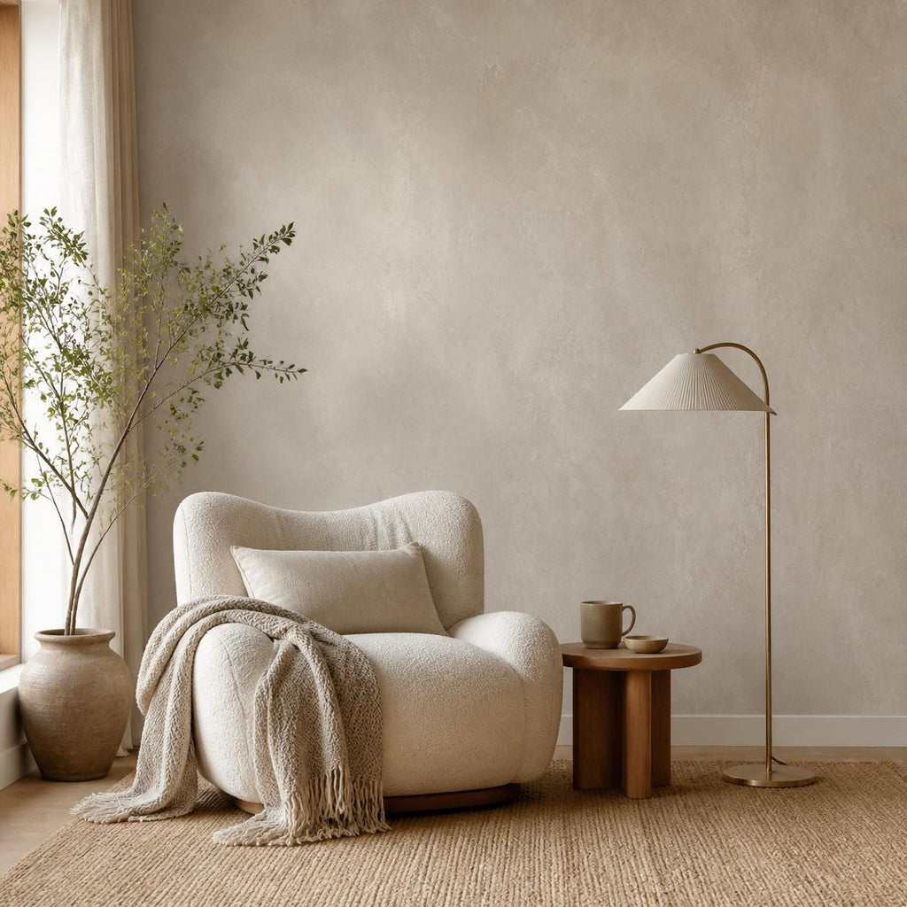 Close-up of faux plaster wallpaper texture showing natural mottled finish in soft neutral greige tones