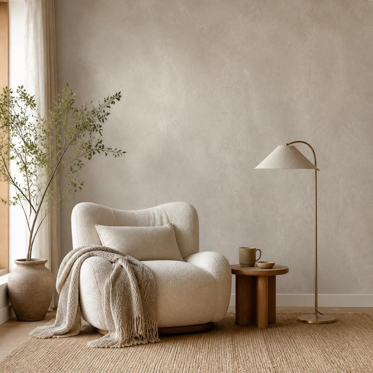 Close-up of faux plaster wallpaper texture showing natural mottled finish in soft neutral greige tones