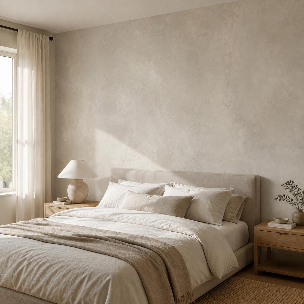 Dining room wall covered in greige textured wallpaper creating a quiet luxury faux plaster aesthetic