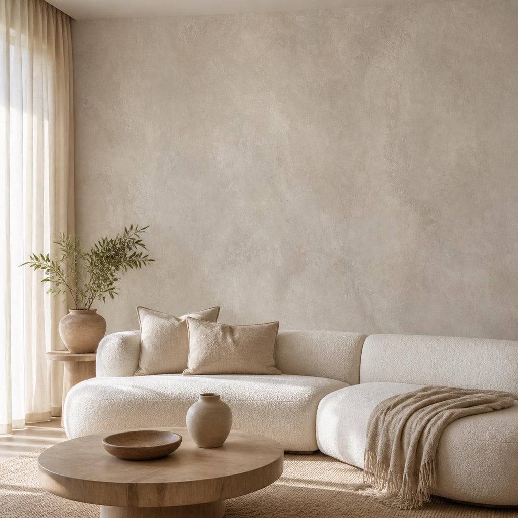 Size and scale chart for peel and stick greige limewash wallpaper showing panel dimensions and repeat