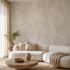 Size and scale chart for peel and stick greige limewash wallpaper showing panel dimensions and repeat