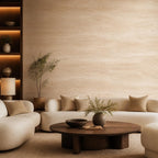 Stone wallpaper panel in creamy beige limestone tones adding organic modern texture to a contemporary bedroom wall