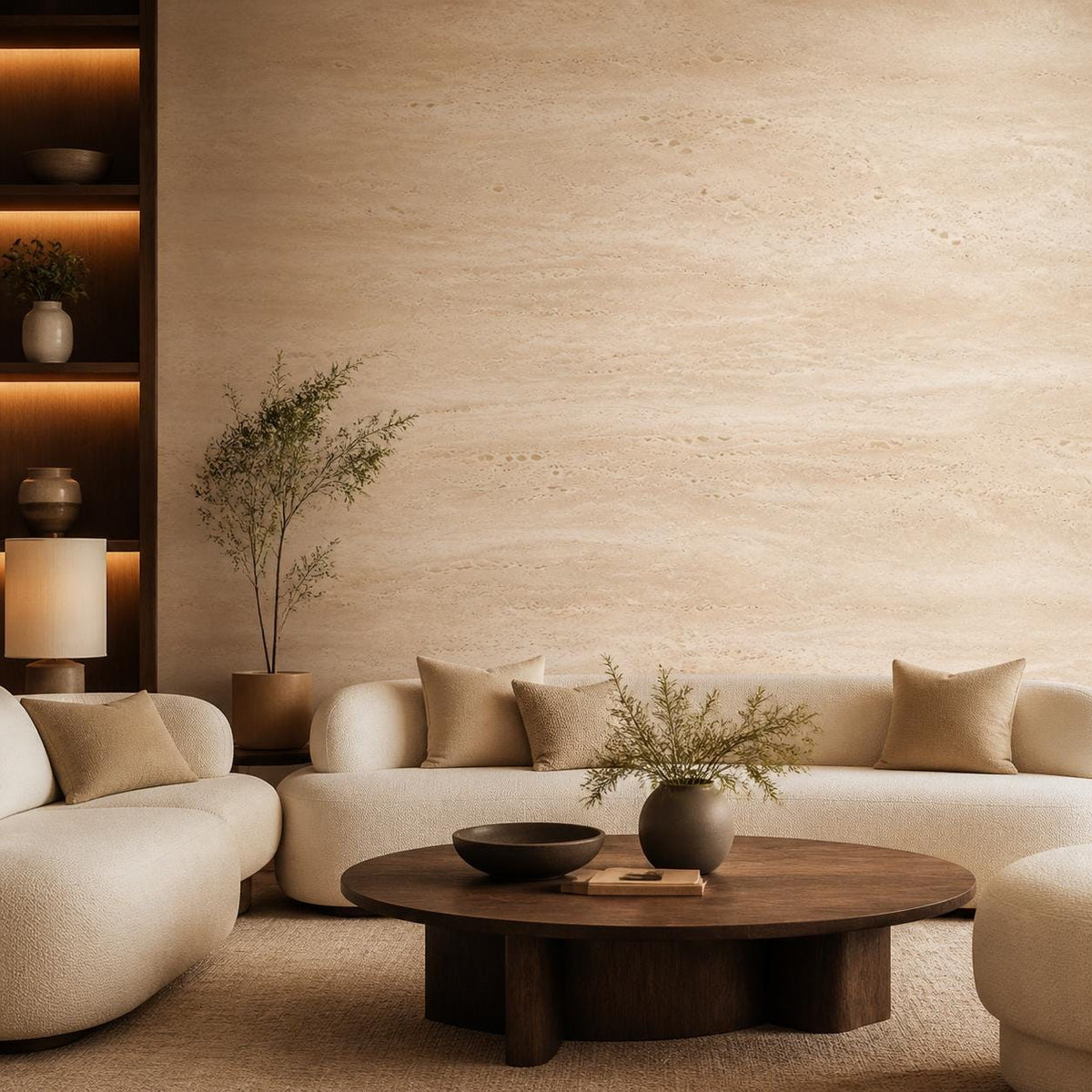 Stone wallpaper panel in creamy beige limestone tones adding organic modern texture to a contemporary bedroom wall