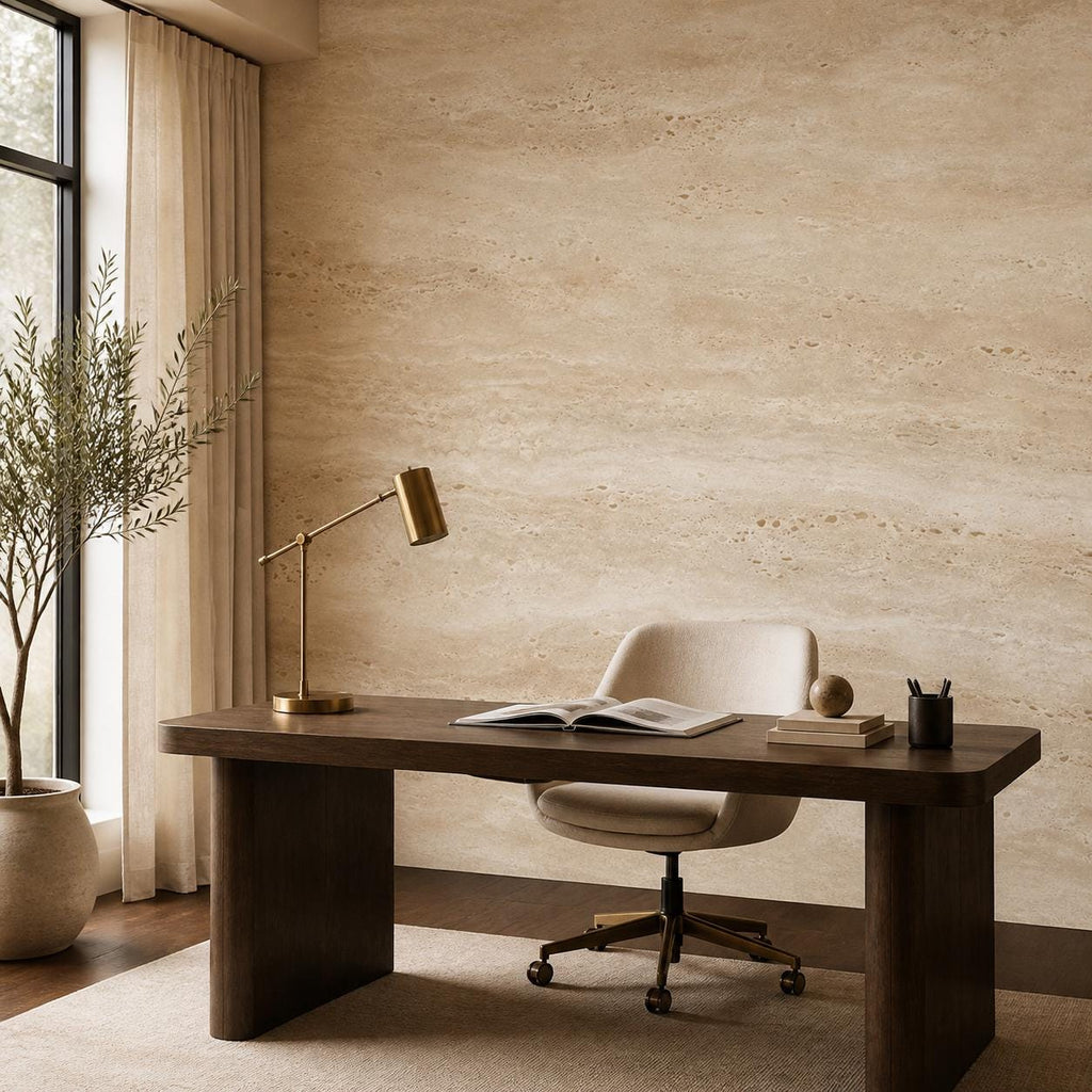 Detailed surface shot of faux stone wallpaper revealing layered travertine texture in soft ivory and warm sand hues