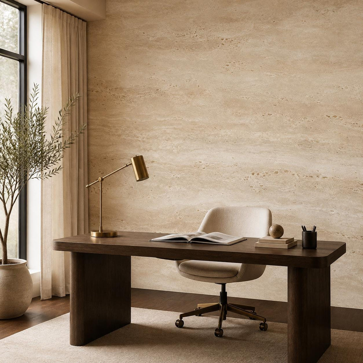 Detailed surface shot of faux stone wallpaper revealing layered travertine texture in soft ivory and warm sand hues