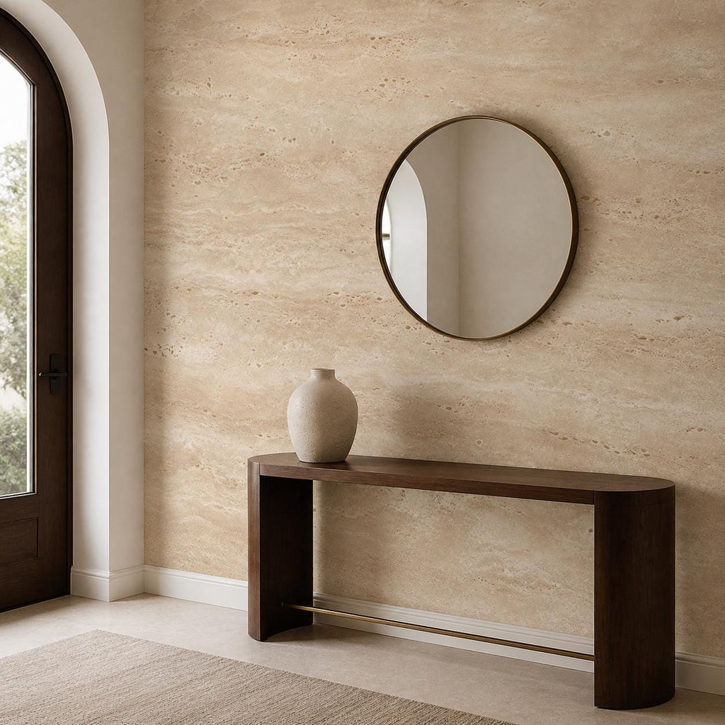 Italian plaster wallpaper mural in a modern bathroom creating a spa-inspired textured wall decor feature behind a vanity