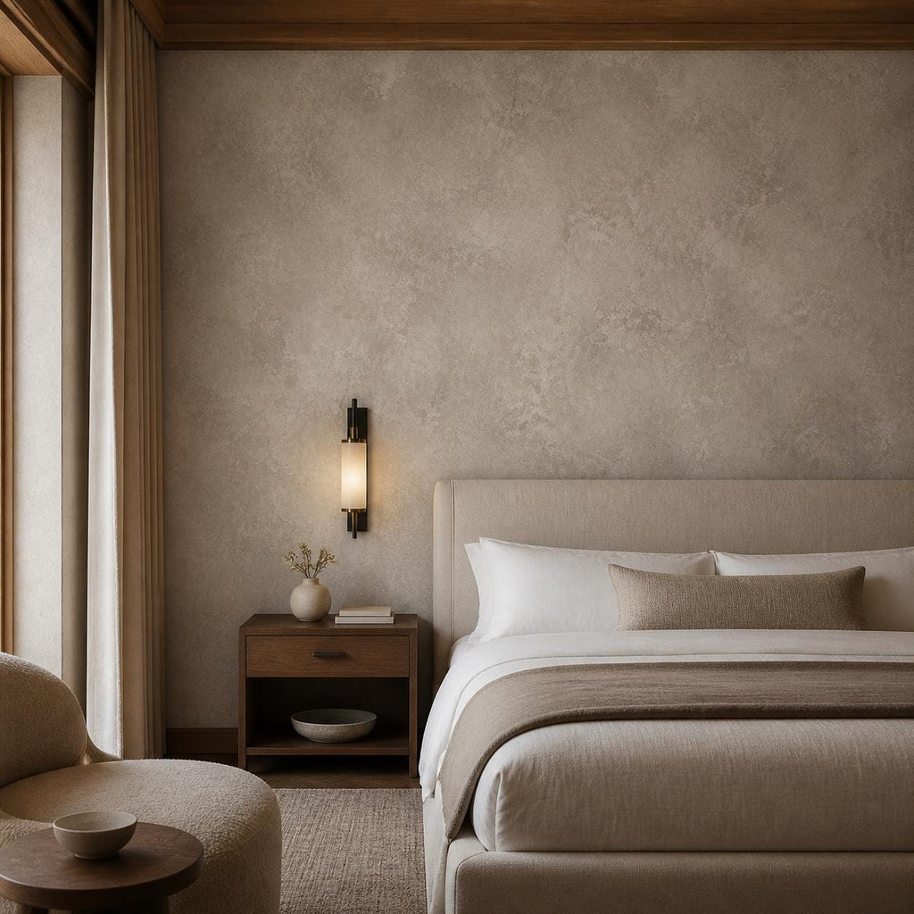 Peel and stick taupe wallpaper installed in a cozy bedroom featuring warm greige tones and wabi sabi aesthetic