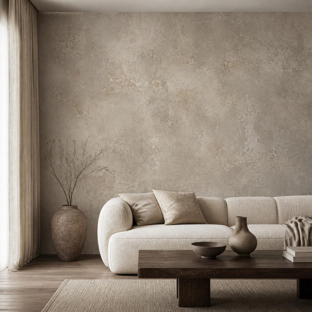 Step by step application graphic for aged European plaster peel and stick wallpaper on smooth interior walls
