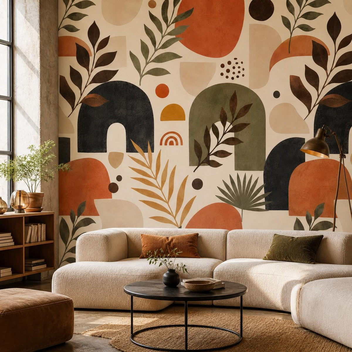 Mid century modern peel and stick wallpaper featuring retro botanical geometric pattern in terracotta and green