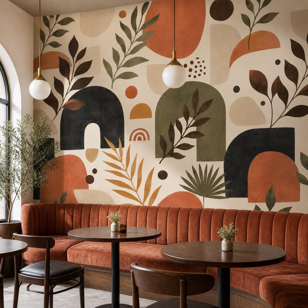 Modern living room accent wall covered in mid century botanical wallpaper with terracotta and green retro design