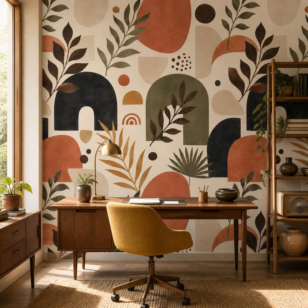 Mid century statement wallpaper sample swatch in terracotta decor palette with retro organic leaf motifs