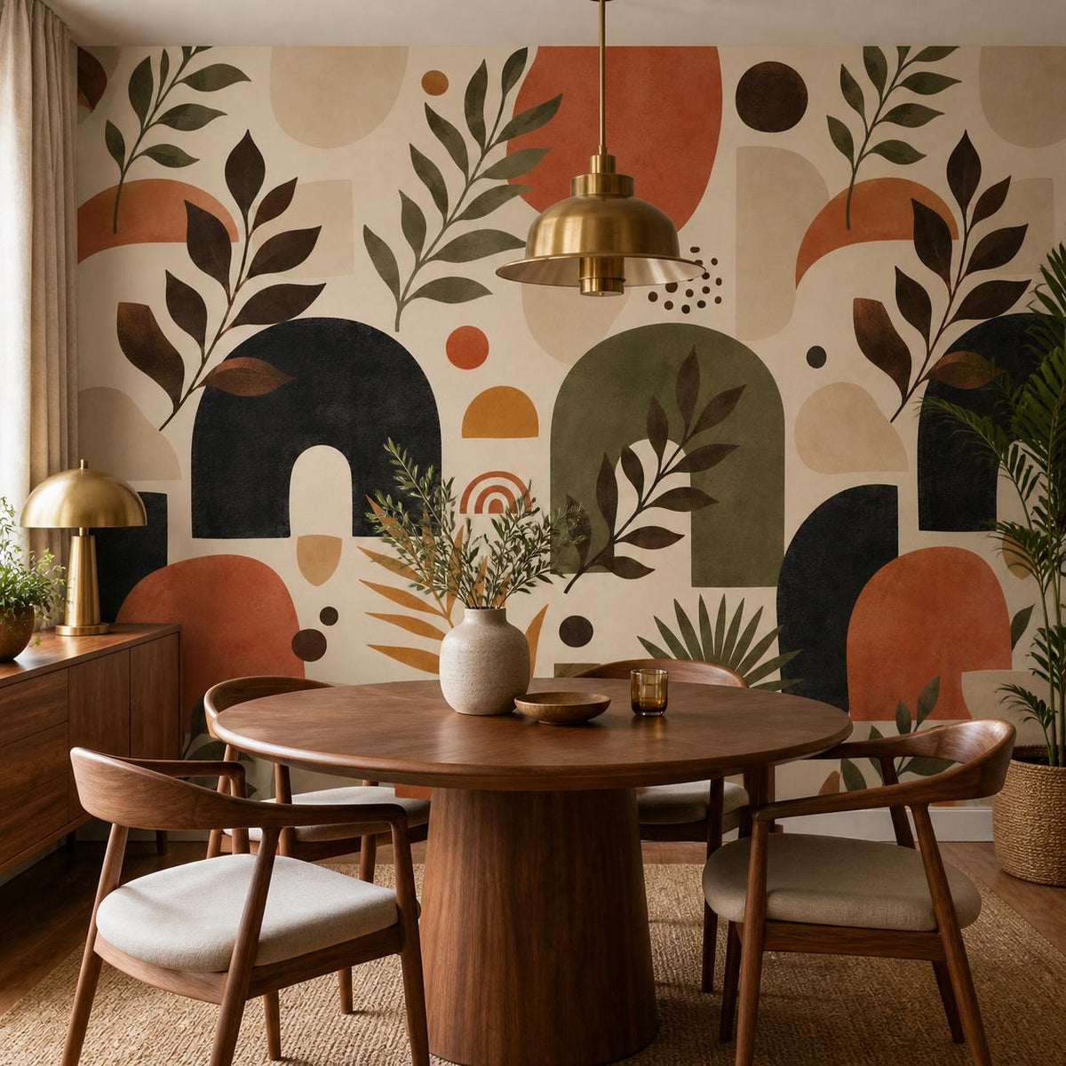 Dining nook wall featuring 70s inspired peel and stick wallpaper in green and terracotta botanical print