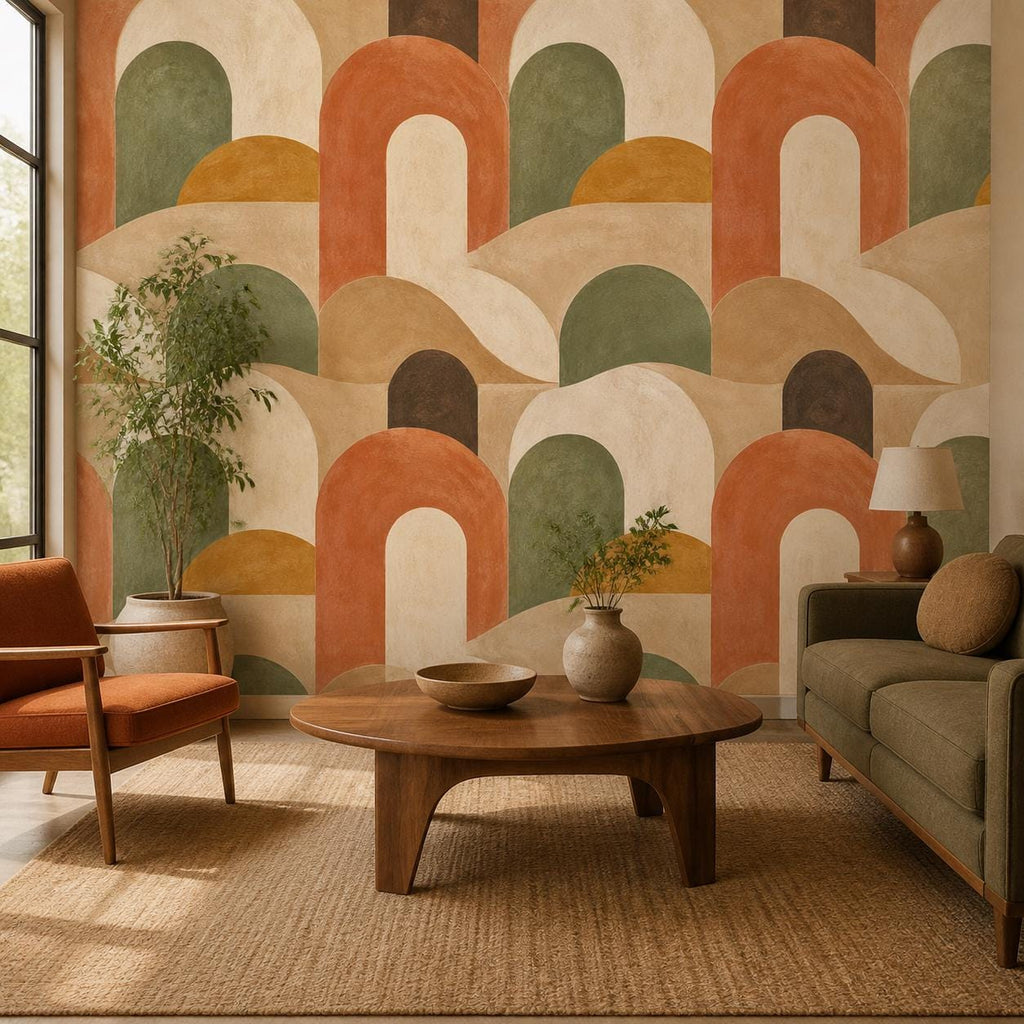 Retro arch wallpaper in terracotta and sage featuring mid century geometric pattern peel and stick