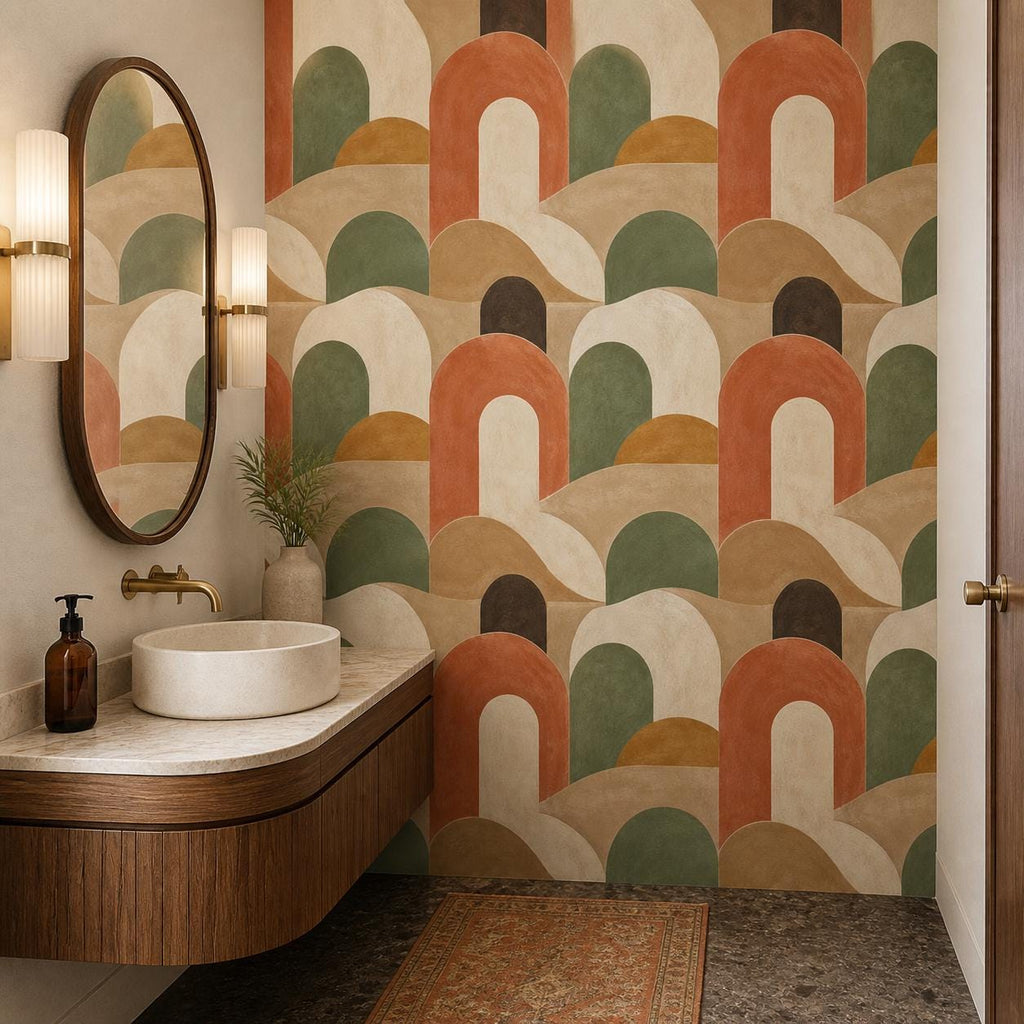 Close up of 70s wallpaper showing warm terracotta arches and sage geometric shapes on textured surface