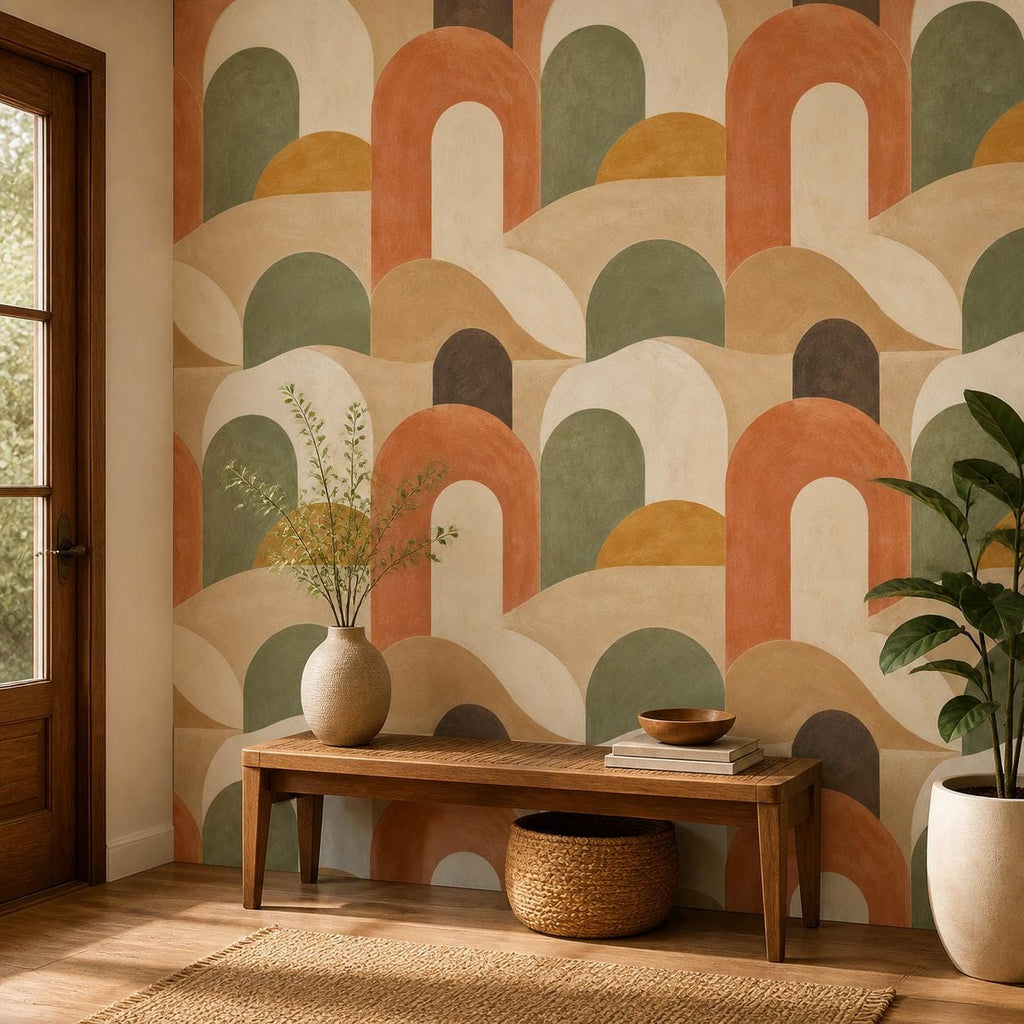 Detail shot of abstract wallpaper surface texture highlighting retro geometric lines and warm neutral hues