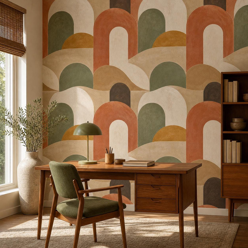 Modern retro decor dining nook with sage and terracotta arch wallpaper on statement wall