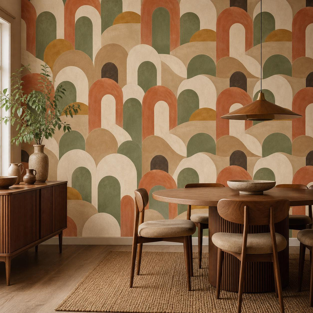 Size and scale chart for peel and stick 70s wallpaper showing repeat measurements and roll dimensions