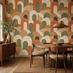 Size and scale chart for peel and stick 70s wallpaper showing repeat measurements and roll dimensions