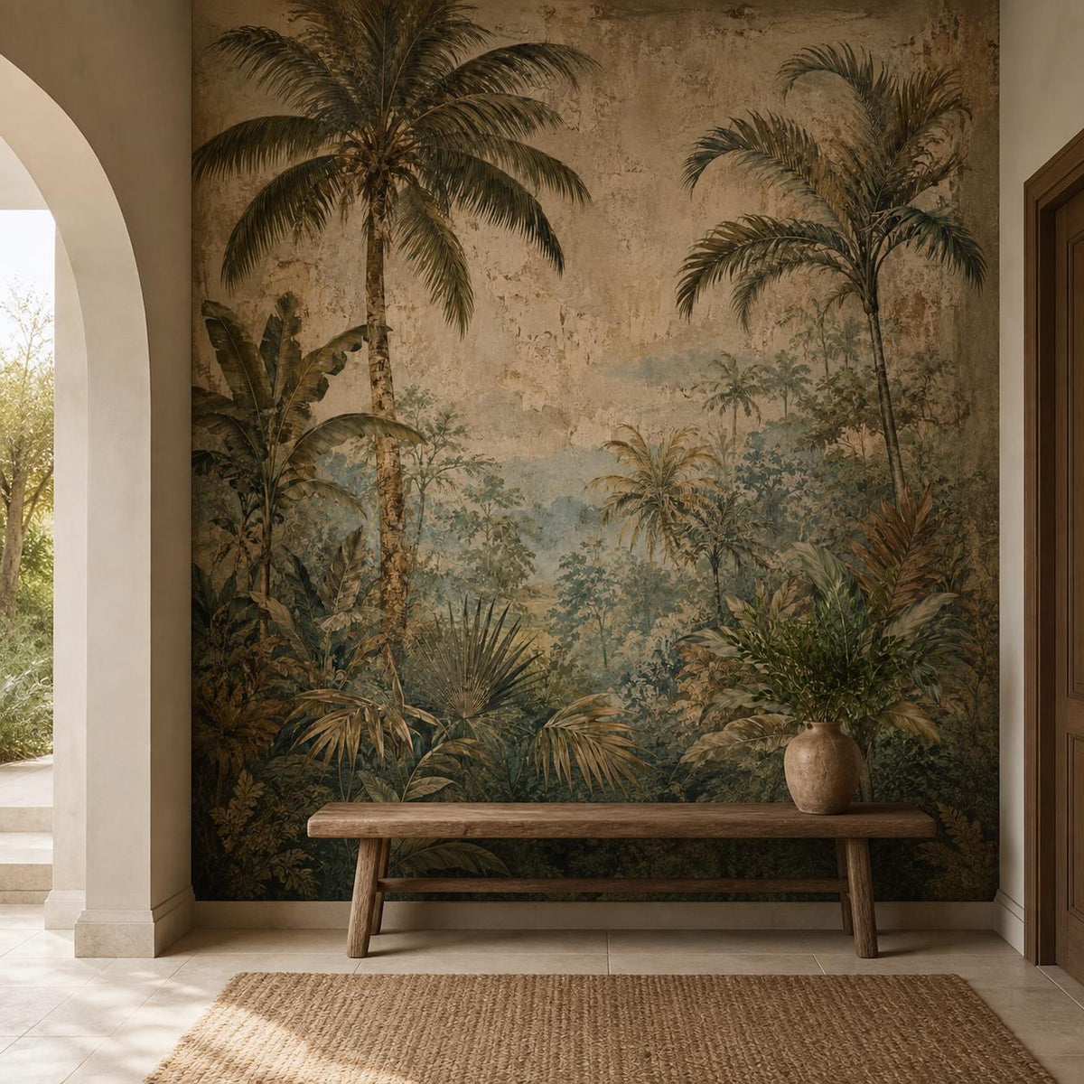 Living room styled with vintage jungle wall mural creating a resort wallpaper feel and old world botanical ambiance