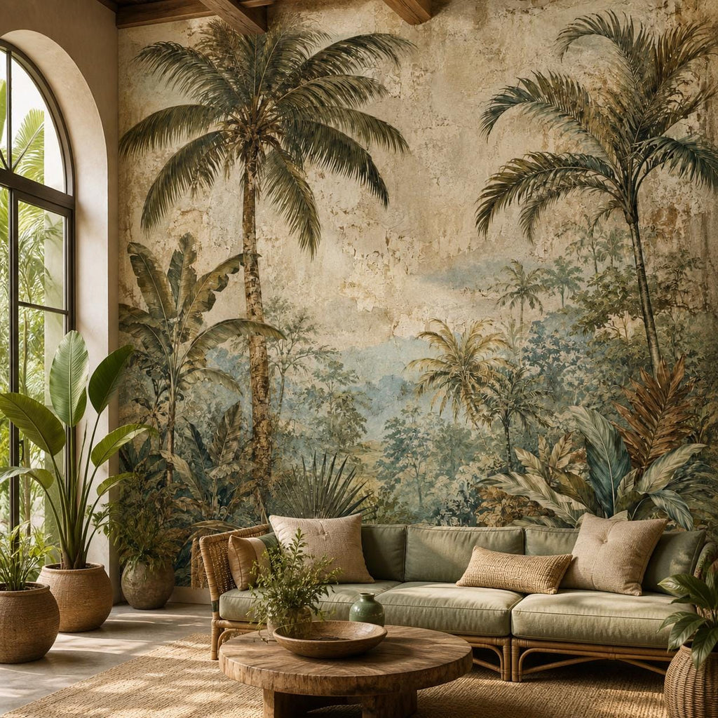 Bedroom accent wall covered in moody tropical palm tree mural wallpaper with warm atmospheric lighting