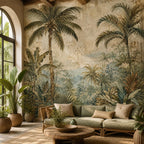 Bedroom accent wall covered in moody tropical palm tree mural wallpaper with warm atmospheric lighting