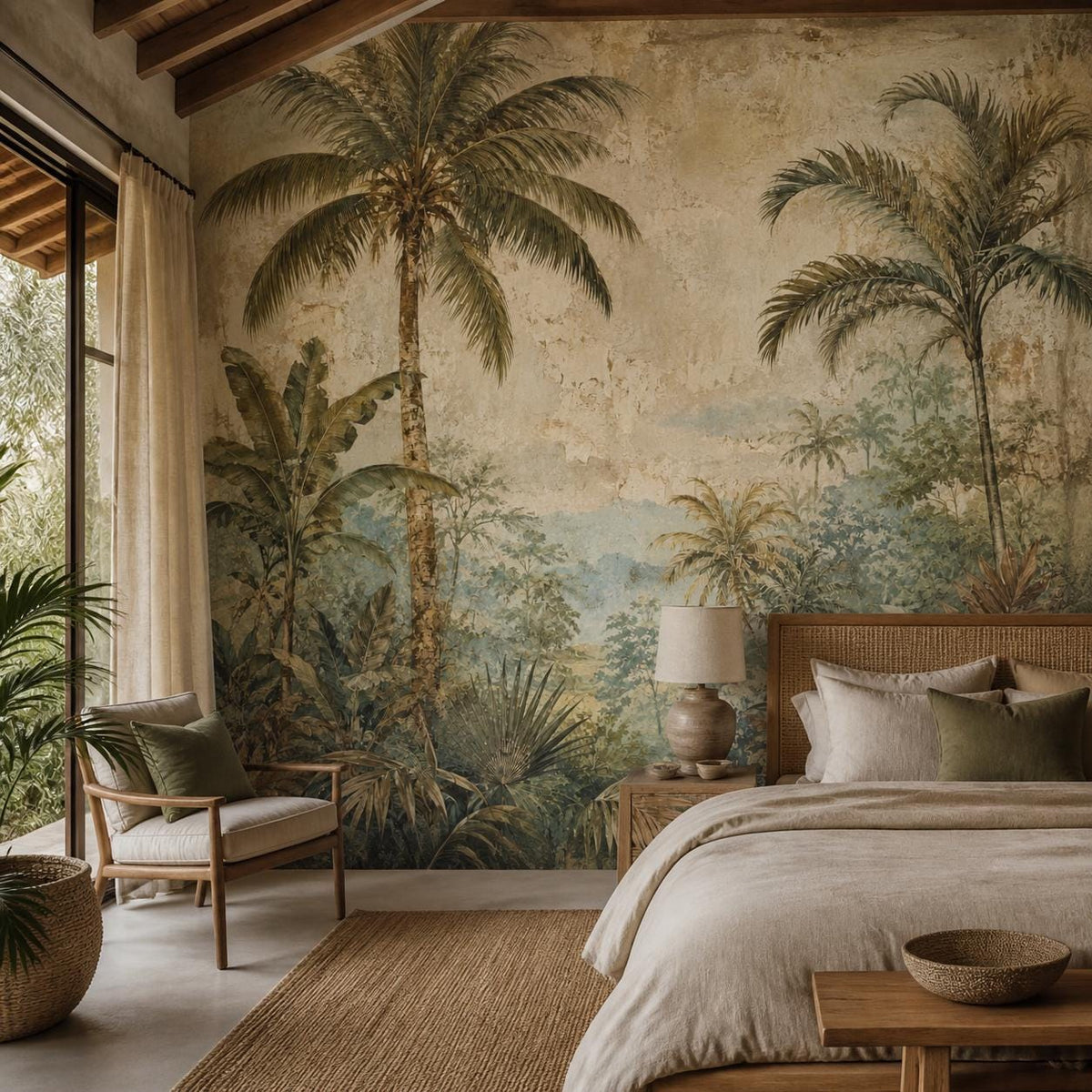 Dining room featuring floor to ceiling botanical wall mural with vintage palm wallpaper in deep moody tones