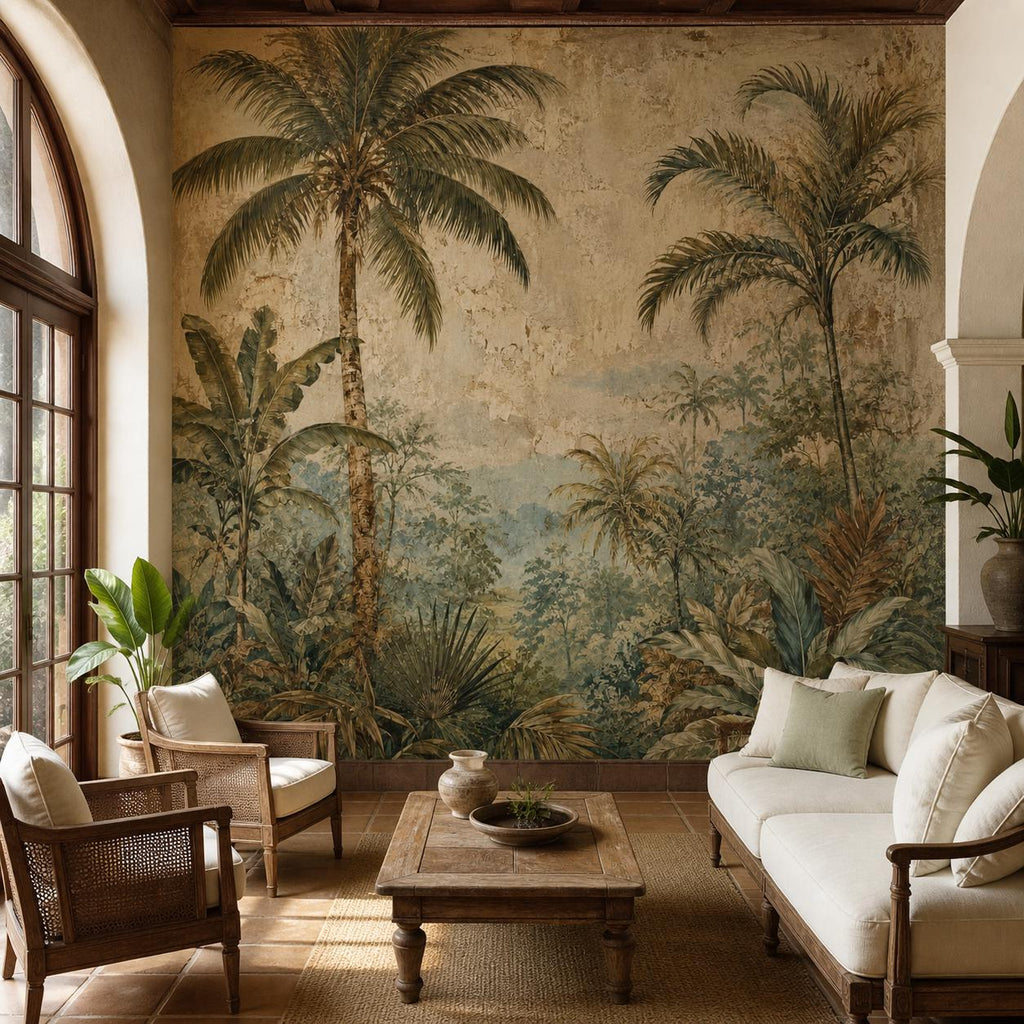 Size guide for palm tree fresco wallpaper mural with width height and pattern repeat details clearly displayed