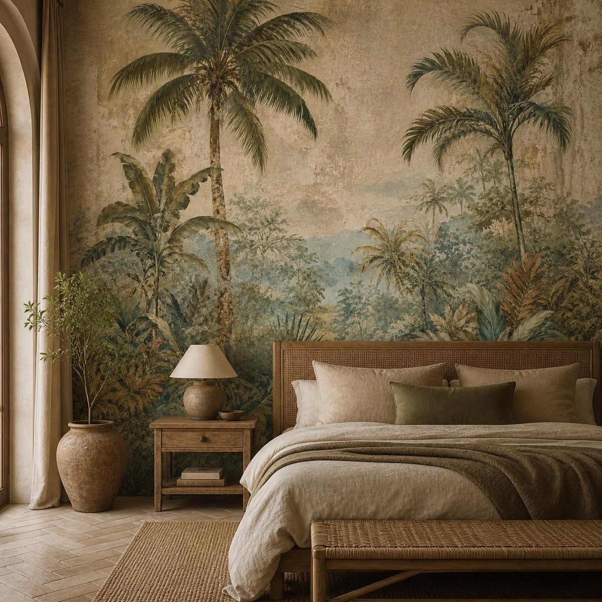 Extreme close up of vintage fresco wallpaper texture showing hand painted botanical detail and aged surface finish