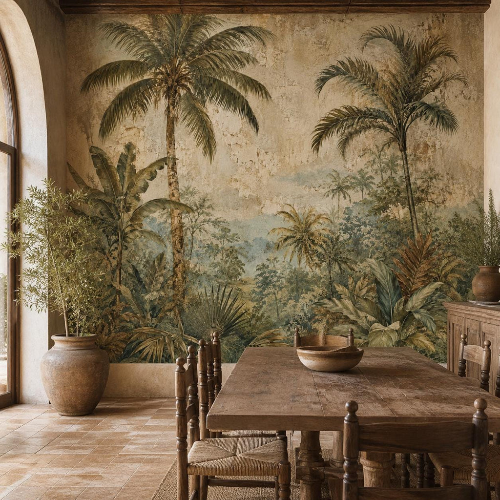 Detailed macro shot of moody tropical wallpaper revealing palm leaf print texture and vintage color variation