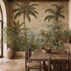 Detailed macro shot of moody tropical wallpaper revealing palm leaf print texture and vintage color variation