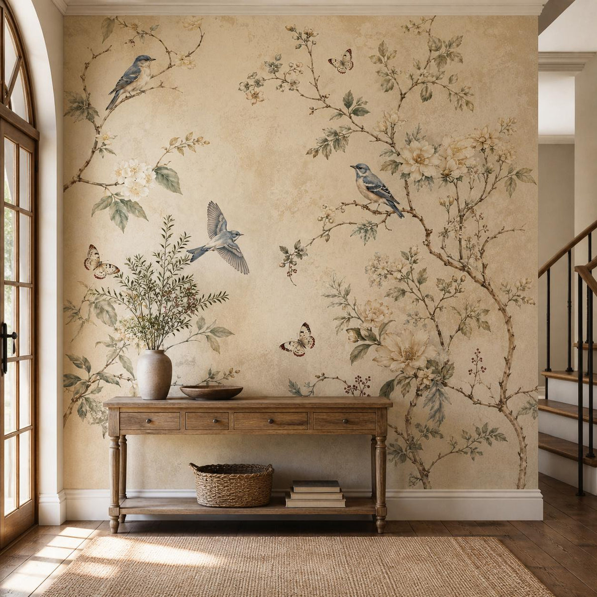 Close-up of bluebird and butterfly wallpaper showing intricate botanical details with aged antique watercolor finish