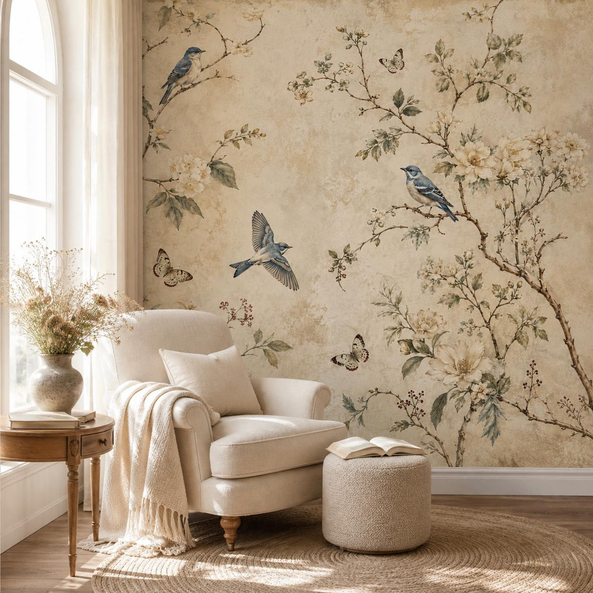 Peel and stick nature wall mural detail showing textured floral bird design with easy removable wallpaper surface