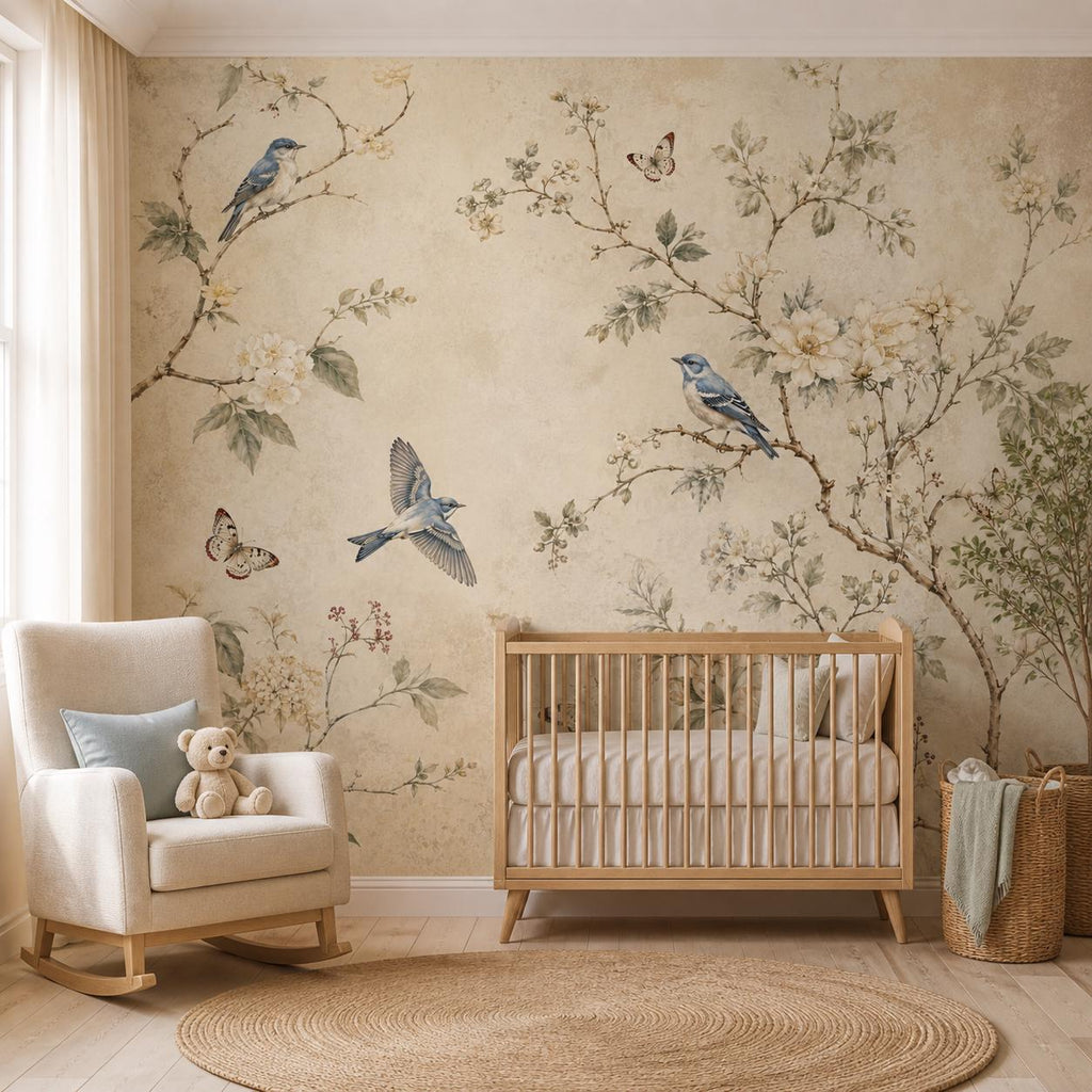 Size and scale chart for vintage botanical bird wallpaper showing panel dimensions and repeat pattern measurements