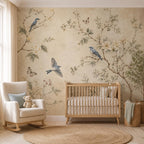 Size and scale chart for vintage botanical bird wallpaper showing panel dimensions and repeat pattern measurements