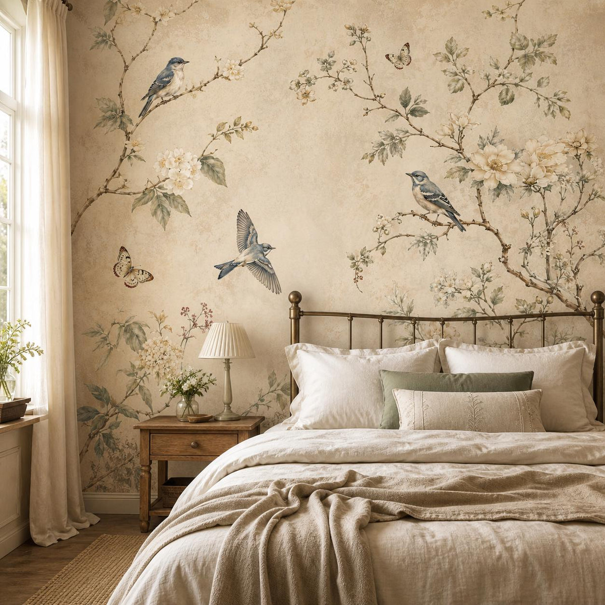 Butterfly wall decor close-up detail of antique wallpaper print with hand-painted style wings and botanical leaves