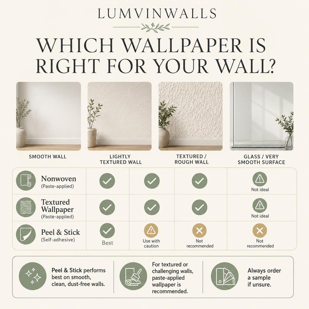 Step-by-step peel and stick wallpaper installation guide for bluebird botanical mural on smooth painted wall surface