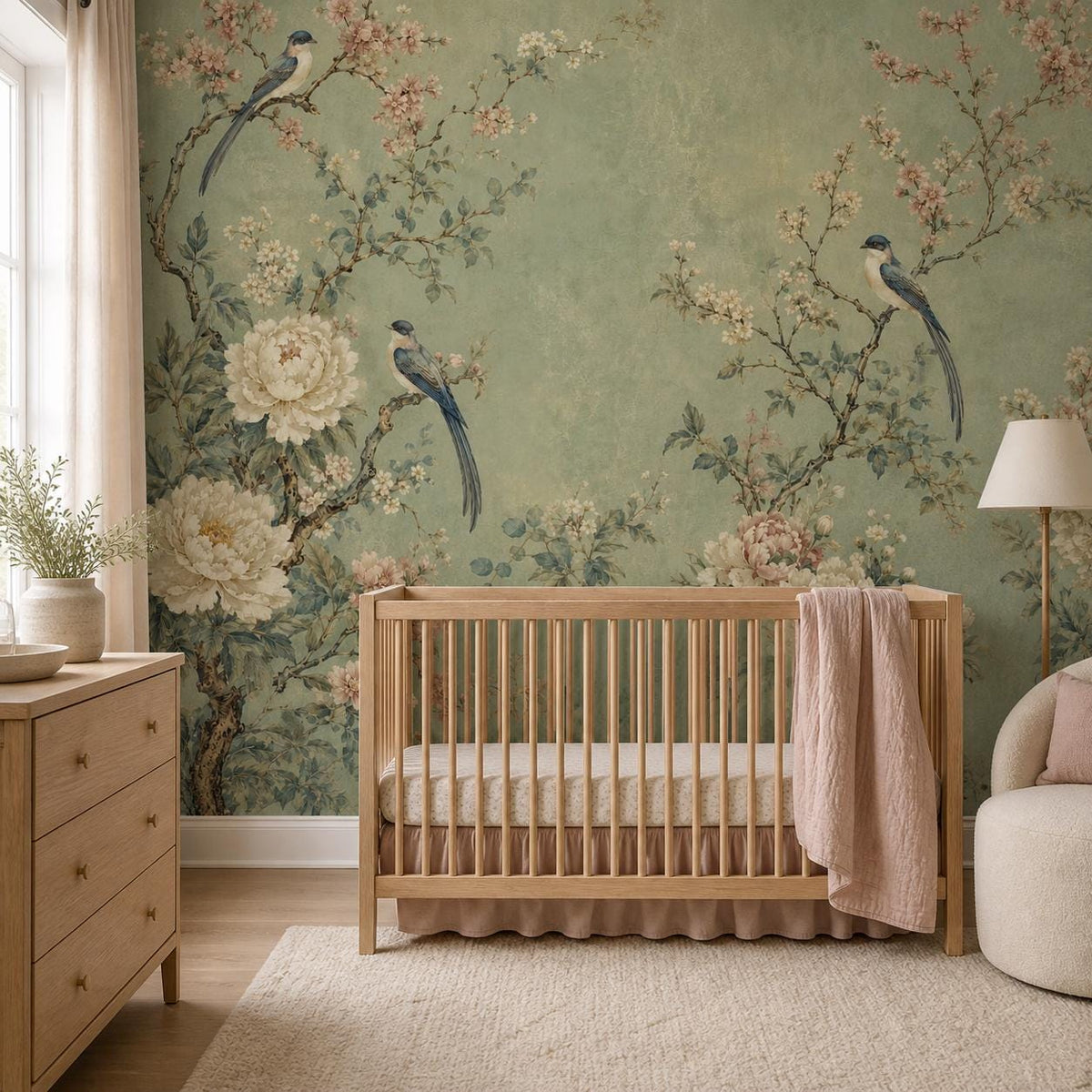 Peel and stick chinoiserie bird wallpaper in sage green with elegant peony branches for dining room walls