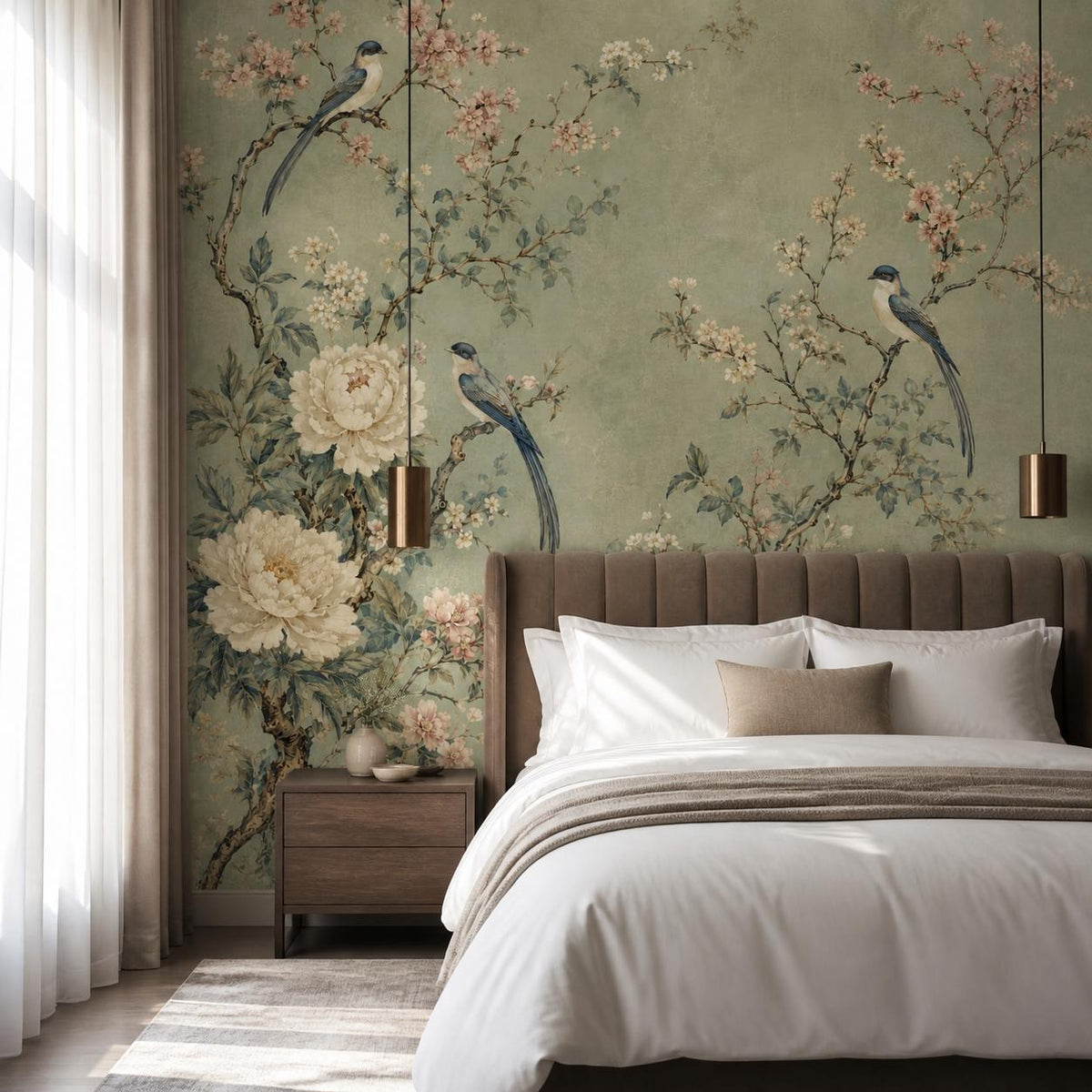 Dining room accent wall covered in luxury sage green chinoiserie wallpaper with floral bird mural pattern