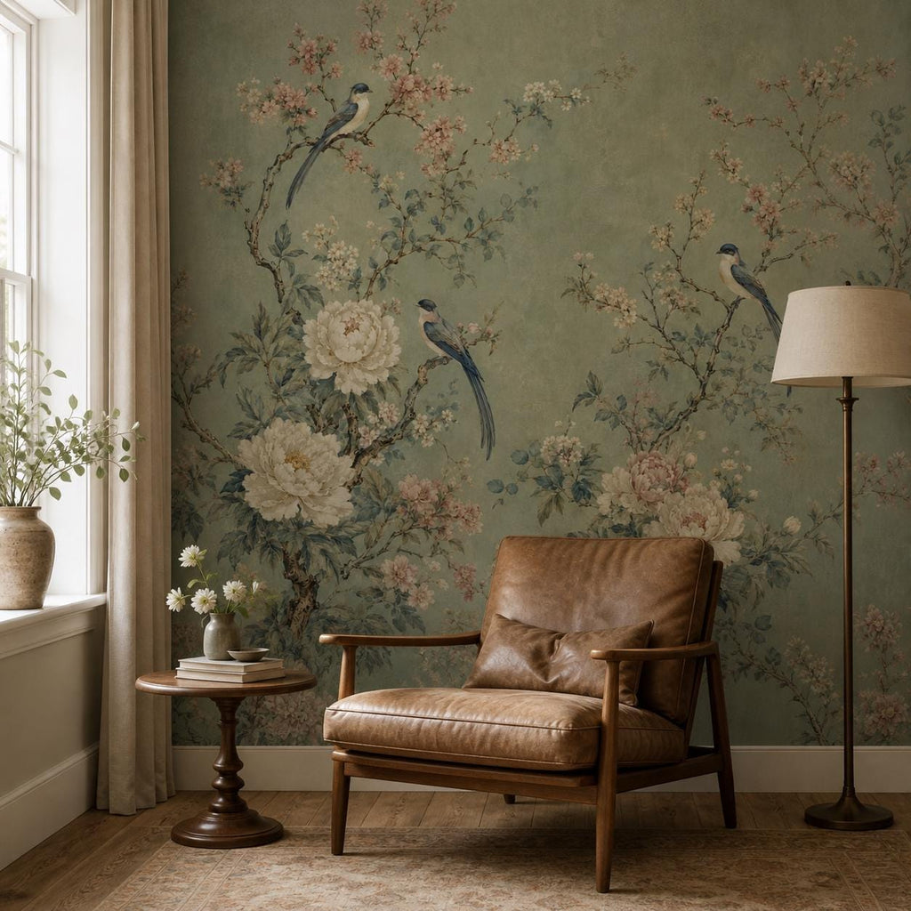Textured surface detail of peel and stick peony wallpaper showing fine line art and sage green color depth