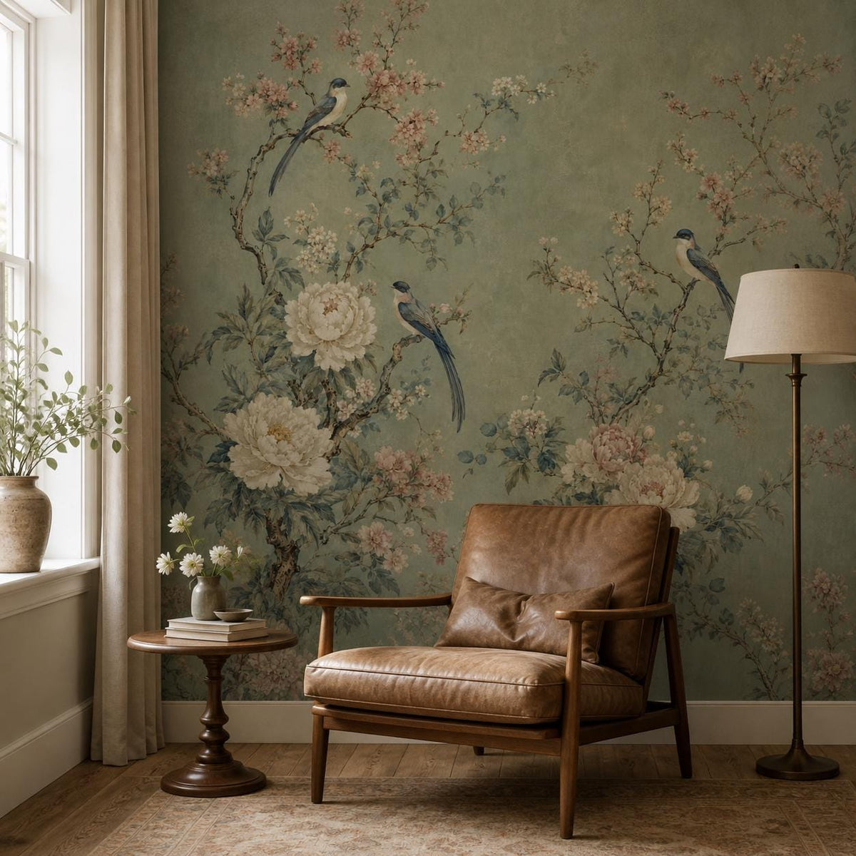 Textured surface detail of peel and stick peony wallpaper showing fine line art and sage green color depth