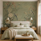 Size and scale chart for sage chinoiserie wallpaper panels showing repeat dimensions and placement guide