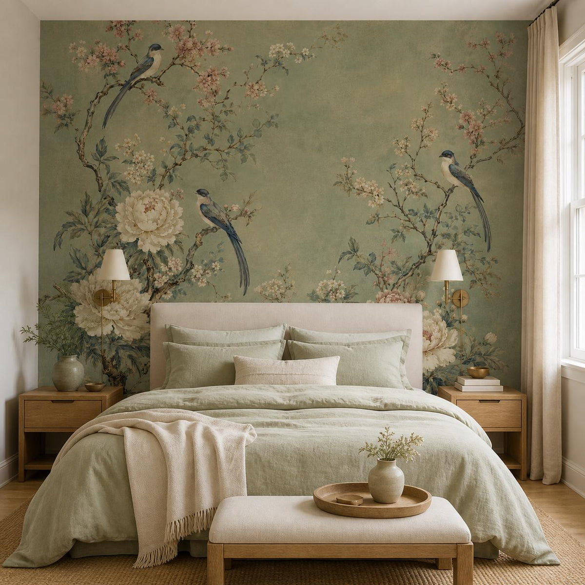 Size and scale chart for sage chinoiserie wallpaper panels showing repeat dimensions and placement guide