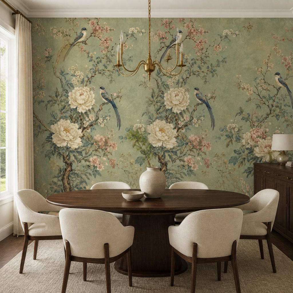 Bedroom wall displaying Asian inspired floral bird mural in soft sage green with layered peony branch detail