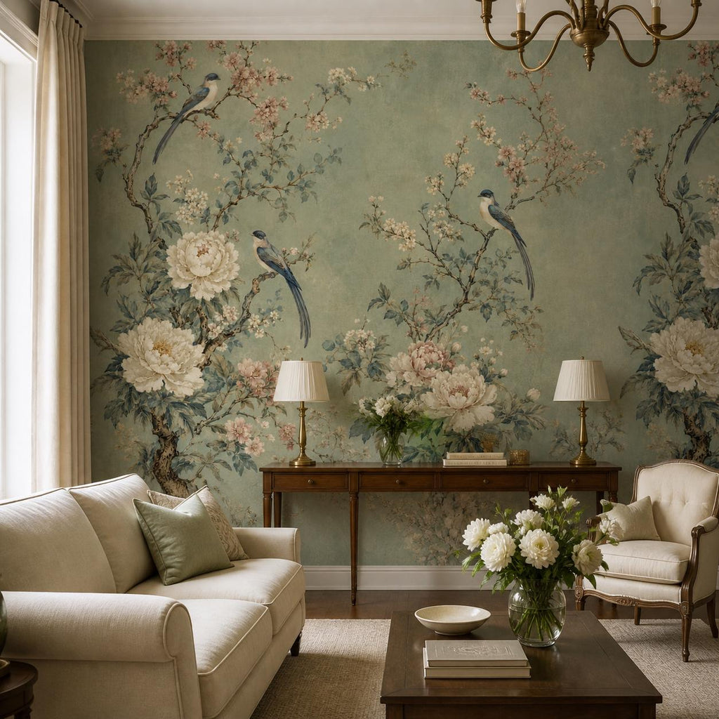 Macro detail shot of chinoiserie birds resting on peony stems within the sage green luxury wallpaper pattern