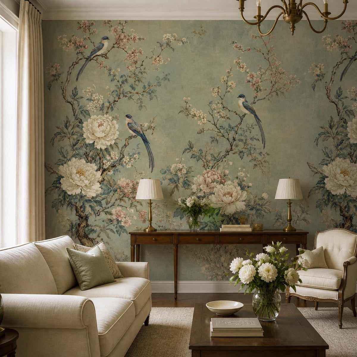 Macro detail shot of chinoiserie birds resting on peony stems within the sage green luxury wallpaper pattern