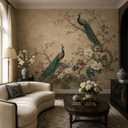 Teal peacock wallpaper with chinoiserie magnolia blooms and exotic birds for luxury peel and stick wall decor