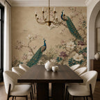 Full wall chinoiserie mural featuring peacocks perched among magnolia branches in rich teal and gold tones