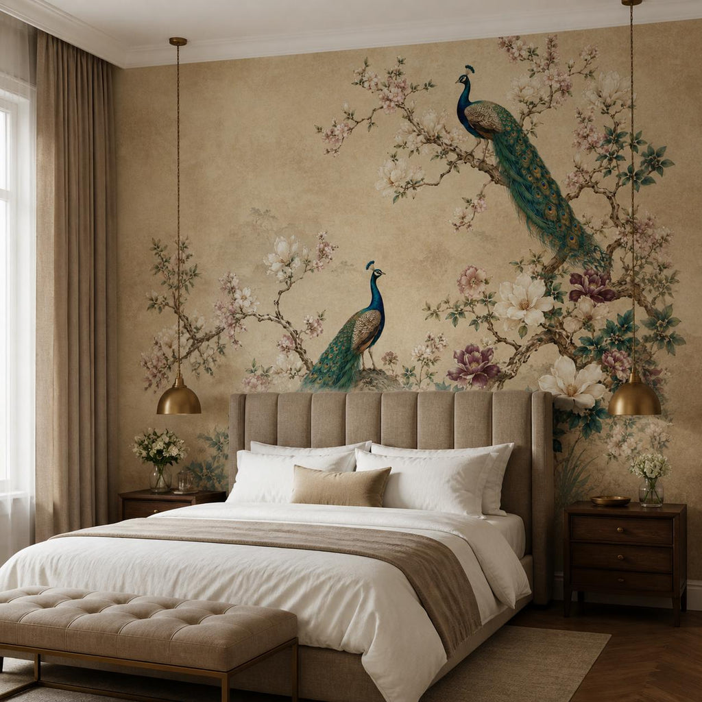 Close-up of peacock feather detail on floral wall mural showing vibrant teal hues and intricate vintage chinoiserie print