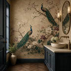 Maximalist living room with teal peacock wallpaper and chinoiserie magnolia mural as a dramatic statement wall